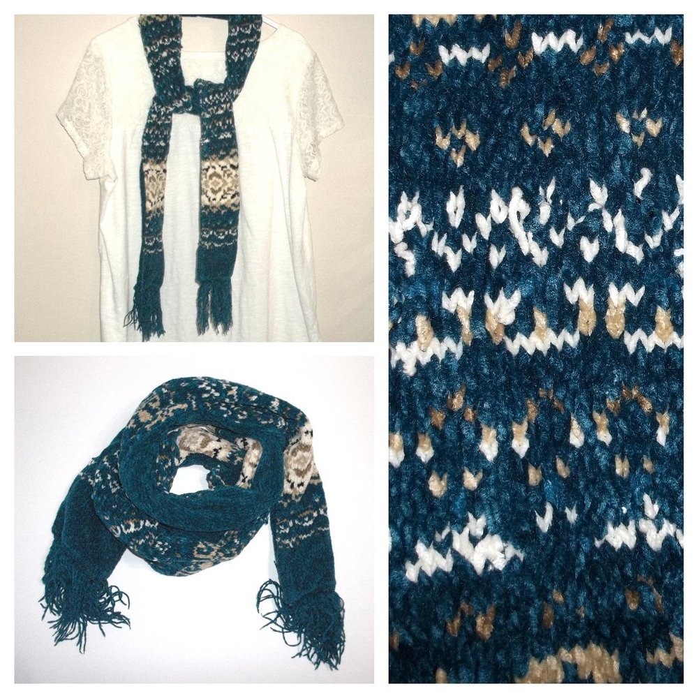 Knit Scarf Blue Cream Brown Tan Long Fringed Warm Fashion Accessory Woman S68
